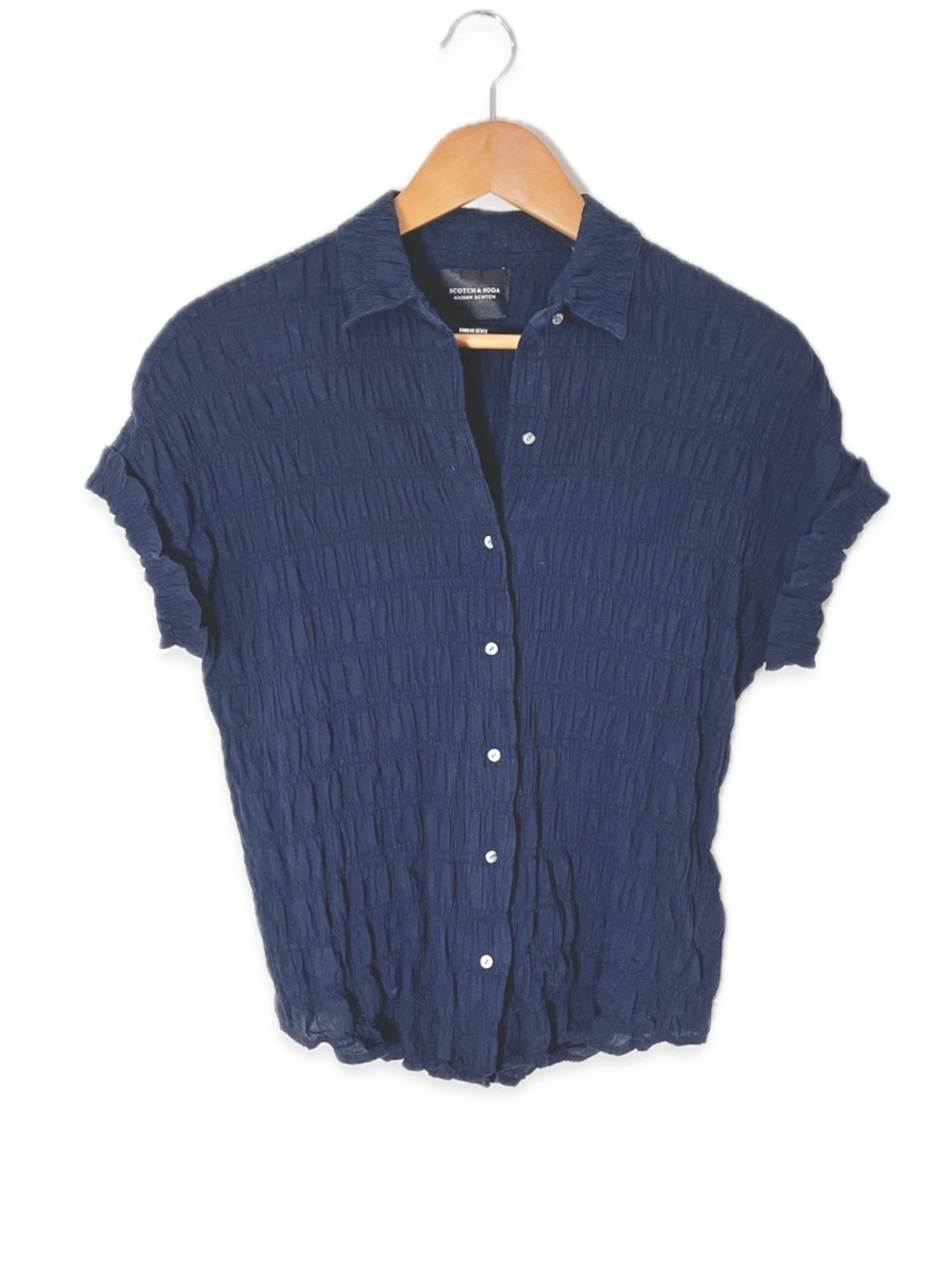 Scotch & Soda Maison Scotch Bamboo Beach Navy Cotton Smocked Short Sleeve Shirt